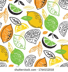 Hand drawn doodle lemonade pattern background - citrus lemon lime orange. Lemonade pattern background fabric.