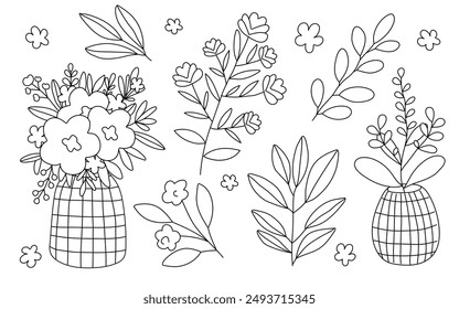 Hand drawn doodle lemons, flowers, vase, leaves, branch, wreath set isolated on white background. Vector illustration