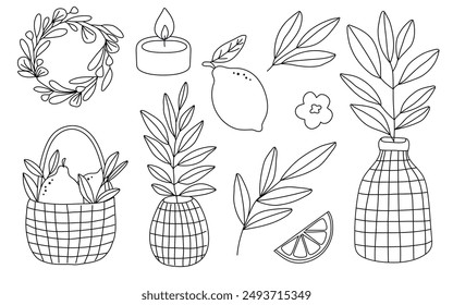 Hand drawn doodle lemons, flowers, vase, leaves, branch, wreath set isolated on white background. Vector illustration