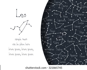Hand drawn doodle Leo astrological sign card, brochure, booklet, cover. Astrological horoscope background
