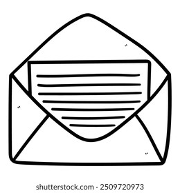 Hand drawn doodle letter in open envelope isolated on white background. Vector illustration.