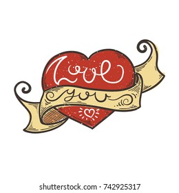 Hand drawn doodle lettering with Love You text. Vector Valentine`s Day illustration.