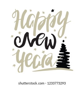 Hand drawn doodle lettering poster banner - winter holidays - Happy new year