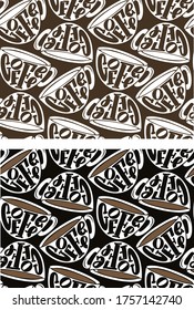 Hand drawn doodle lettering quote about coffee. Coffee life - pattern background.