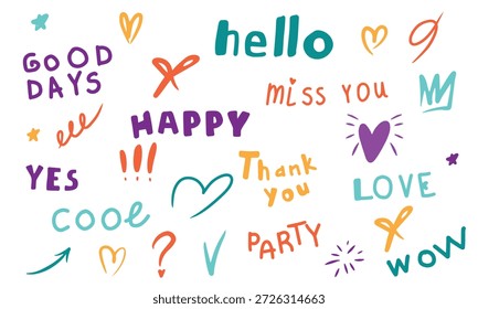 Hand Drawn Doodle Lettering Set with Positive Messages, Colorful Vector Illustration