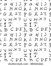 Hand drawn doodle letters and decorative elements seamless pattern. Black and white background.