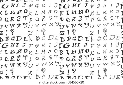 Hand drawn doodle letters and decorative elements seamless pattern. Black and white background.