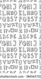 Hand drawn doodle letters and decorative elements seamless pattern. Black and white background.