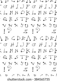 Hand drawn doodle letters and decorative elements seamless pattern. Black and white background.