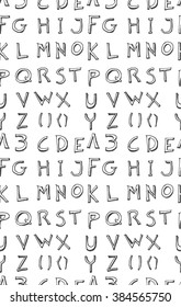 Hand drawn doodle letters and decorative elements seamless pattern. Black and white background.