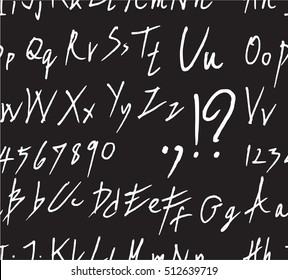 Hand drawn doodle letters and decorative element seamless pattern. Black and white background.