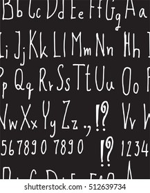 Hand drawn doodle letters and decorative element seamless pattern. Black and white background.