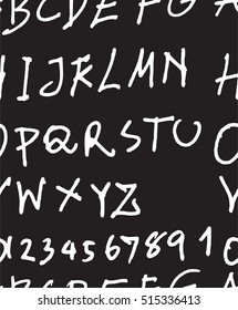 Hand drawn doodle letters and decorative element seamless pattern. Black and white background.