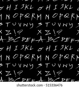 Hand drawn doodle letters and decorative element seamless pattern. Black and white background.