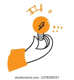 hand drawn doodle light bulb with electricity symbol