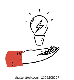 hand drawn doodle light bulb with electricity symbol