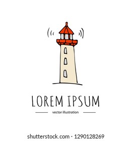 Hand drawn doodle Lighthouse icon isolated on white background. Vector illustration Cartoon building Light in the dark sea symbol element Coastline architecture Hope sign