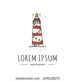 Hand drawn doodle Lighthouse icon isolated on white background. Vector illustration Cartoon building Light in the dark sea symbol element Coastline architecture Hope sign
