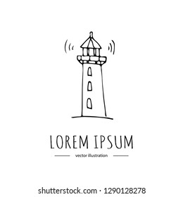 Doodle dibujado a mano Icono de faro aislado en fondo blanco. Ilustración vectorial Construcción de caricaturas Luz en el símbolo de mar oscuro Arquitectura de línea costera Signo de esperanza