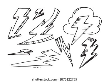 Hand Drawn Doodle Lightning Bolt Signs,Warning Symbol illustration and set of lightnings.