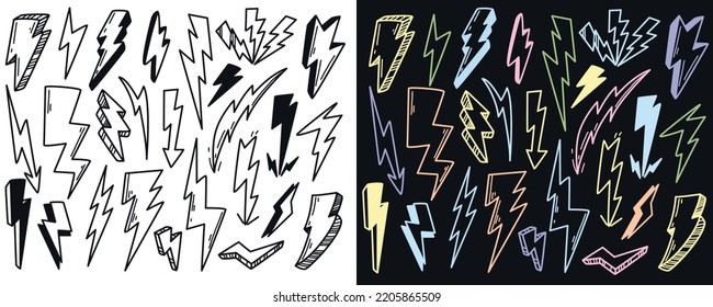 Hand drawn doodle lightning bolt signs set vector illustration. Different thunderbolts or electric discharges. Energy strike flash. Voltage warning symbols of electricity on black and white background