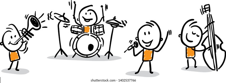 hand drawn doodle line art cartoon design character - isolated vector illustration outline. Music band playing