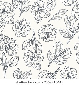 Hand drawn doodle line art camellia flowers background