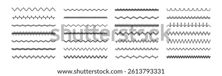 Hand drawn doodle line border dividers. Abstract doodle underlines, decorative pencil strokes, stitching seam line, textile embroidery stitch. Outline wave vector illustration 