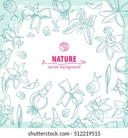 Hand drawn doodle line flowers background and headline in the center nature vector illustration