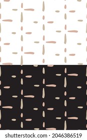 Hand drawn doodle line seamless pattern. Geometrical abstract beige pink paint brush strokes grid. White or black easy editable color background. Vector