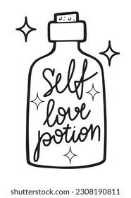 Hand drawn in doodle line style bottle with self love potion,isolated vector illustration with white background