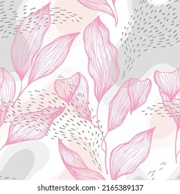 Follaje de textura de línea de doodle dibujado a mano sobre manchas y puntos vectoriales sin fisuras. Ornamento vibrante con hojas de árboles tropicales. Impresión de tela de la rama de árbol botánico. Ropa de baño.