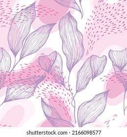 Hand drawn doodle line texture foliage over spots and dots vector seamless pattern. Contemporary ornament with houseplant leaves. Natural drapery plant foliage botany motif. Decorative wrapping.