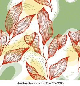 Hand drawn doodle line texture foliage over spots and dots vector seamless pattern. Trendy ornament with banana tree leaves. Botanical tree branch foliage fabric print. Floral background.