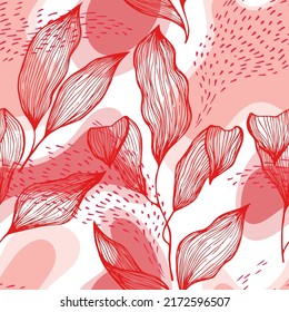 Follaje de textura de línea de doodle dibujado a mano sobre manchas y puntos vectoriales sin fisuras. Ornato ornamento con hojas de árbol del paraíso. Motif de botánica de la planta de drenaje natural. Gráficos florales.