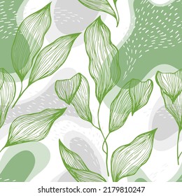 Hand drawn doodle line texture foliage over spots and dots vector seamless pattern. Abstract ornament with jungle tree leaves. Botanical tree branch foliage fabric print. Swimwear tissue.