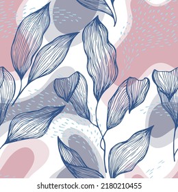 Hand drawn doodle line texture foliage over spots and dots vector seamless pattern. Bohemian ornament with houseplant leaves. Botanical tree branch foliage fabric print. Pretty floral print.