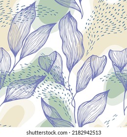 Follaje de textura de línea de doodle dibujado a mano sobre manchas y puntos vectoriales sin fisuras. Hermoso ornamento con hojas de árbol hawaiano. Motif de botánica de la planta de drenaje natural. Fondo herbario.
