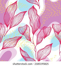 Follaje de textura de línea de doodle dibujado a mano sobre manchas y puntos vectoriales sin fisuras. Ornamento contemporáneo con hojas de las plantas del hogar. Motif de botánica de la planta de drenaje natural. Diseño floral creativo.