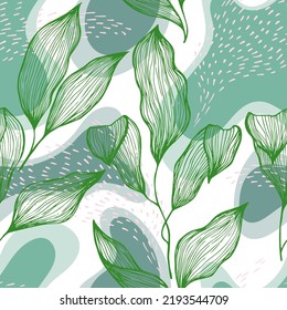 Hand drawn doodle line texture foliage over spots and dots vector seamless pattern. Minimal ornament with jungle tree leaves. Natural drapery plant foliage botany motif. Floral background.