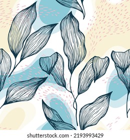 Hand drawn doodle line texture foliage over spots and dots vector seamless pattern. Modern ornament with tropical tree leaves. Summer tree branch foliage wallpaper. Rainforest floral print.