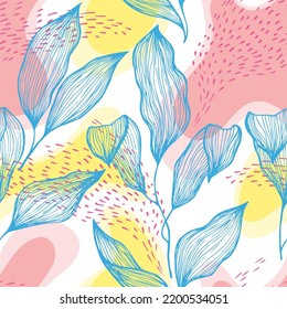 Hand drawn doodle line texture foliage over spots and dots vector seamless pattern. Linear ornament with exotic tree leaves. Greenery tree branch foliage textile print. Linen textile print.