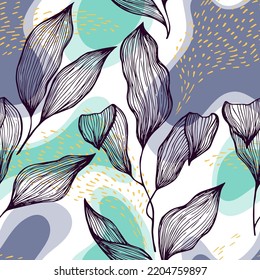Hand drawn doodle line texture foliage over spots and dots vector seamless pattern. Aesthetic ornament with houseplant leaves. Greenery tree branch foliage textile print. Creative floral design.