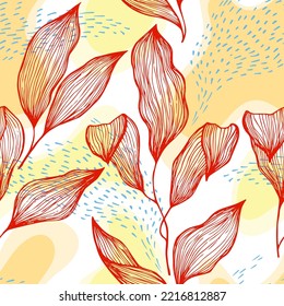 Follaje de textura de línea de doodle dibujado a mano sobre manchas y puntos vectoriales sin fisuras. Ornamento vibrante con hojas de árboles tropicales. Motif de botánica de la planta de drenaje natural. Patrón floral de dibujos animados.