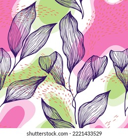 Hand drawn doodle line texture foliage over spots and dots vector seamless pattern. Modern ornament with tropical tree leaves. Botanical tree branch foliage fabric print. Cute floral fashion art.