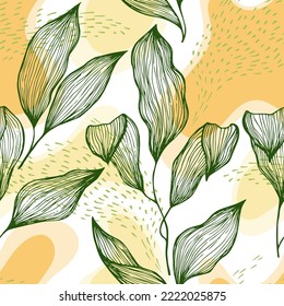Hand drawn doodle line texture foliage over spots and dots vector seamless pattern. Ornate ornament with paradise tree leaves. Botanical tree branch foliage fabric print. Floral illustration.