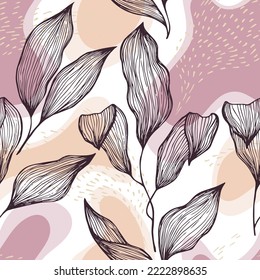 Follaje de textura de línea de doodle dibujado a mano sobre manchas y puntos vectoriales sin fisuras. Ornamento lineal con hojas de árbol exóticas. Papel tapiz de la rama del árbol de verano. Arte de moda floral.