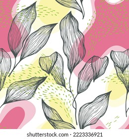 Hand drawn doodle line texture foliage over spots and dots vector seamless pattern. Delicate ornament with exotic tree leaves. Natural drapery plant foliage botany motif. Silk beauty tissue.