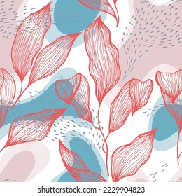 Hand drawn doodle line texture foliage over spots and dots vector seamless pattern. Minimal ornament with jungle tree leaves. Natural drapery plant foliage botany motif. Floral graphics.