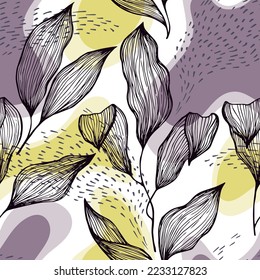 Hand drawn doodle line texture foliage over spots and dots vector seamless pattern. Linear ornament with exotic tree leaves. Botanical tree branch foliage fabric print. Linen textile print.